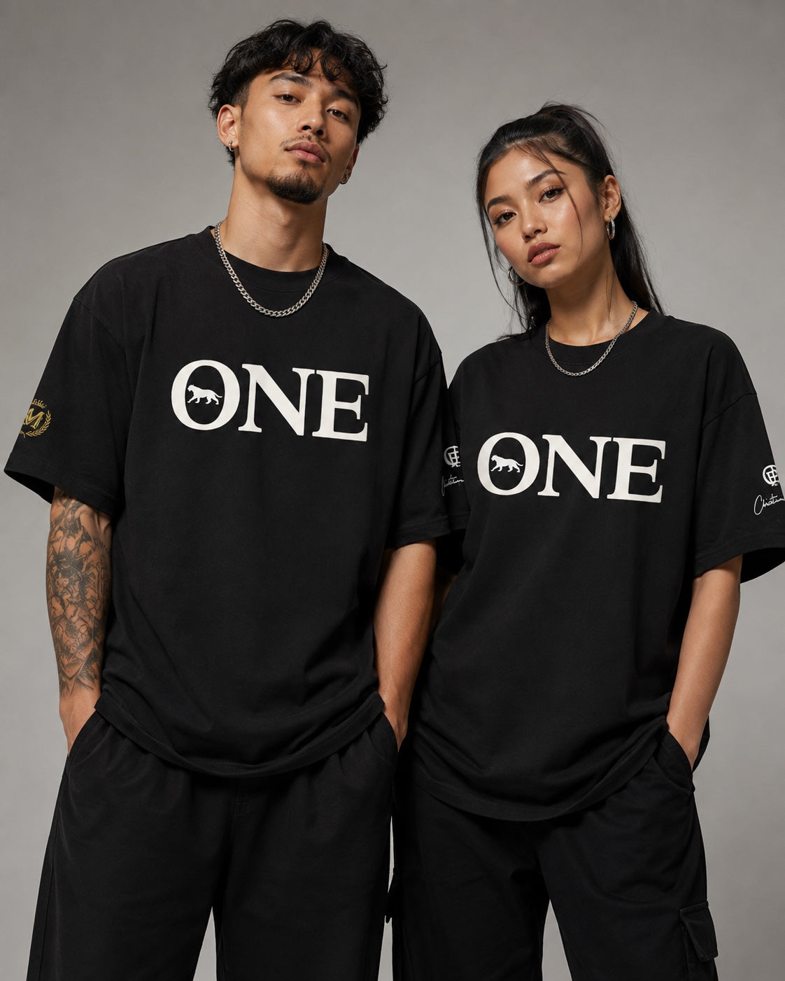 ONE Signature Tee worn by male and female models