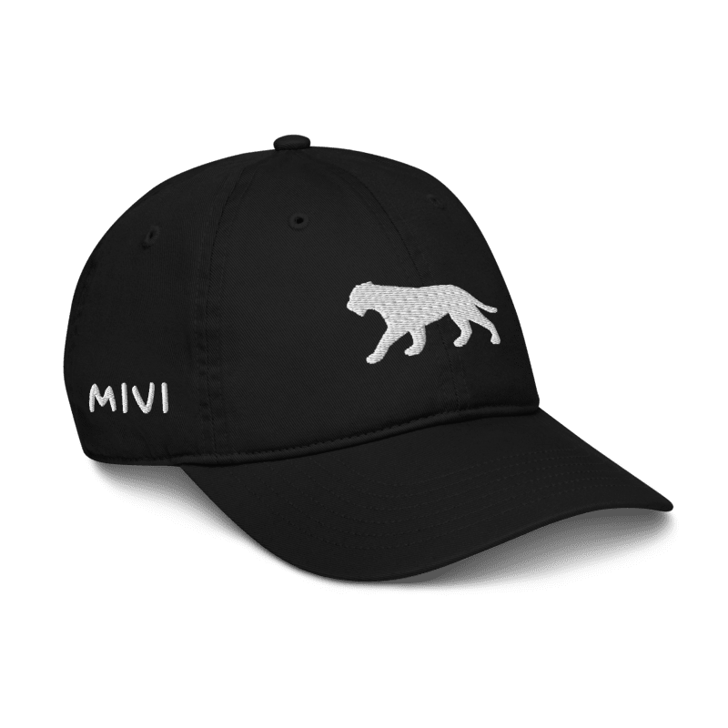 ONE Panther Cap angled view with MIVI and panther embroidery