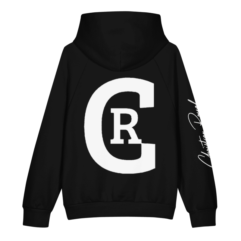 ONE Standard Issue black hoodie back view with CR monogram