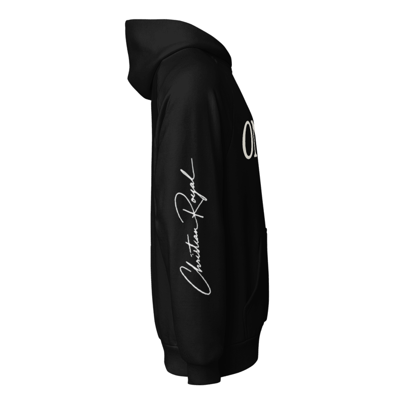 ONE Standard Issue black hoodie side view with Christian Royal sleeve signature