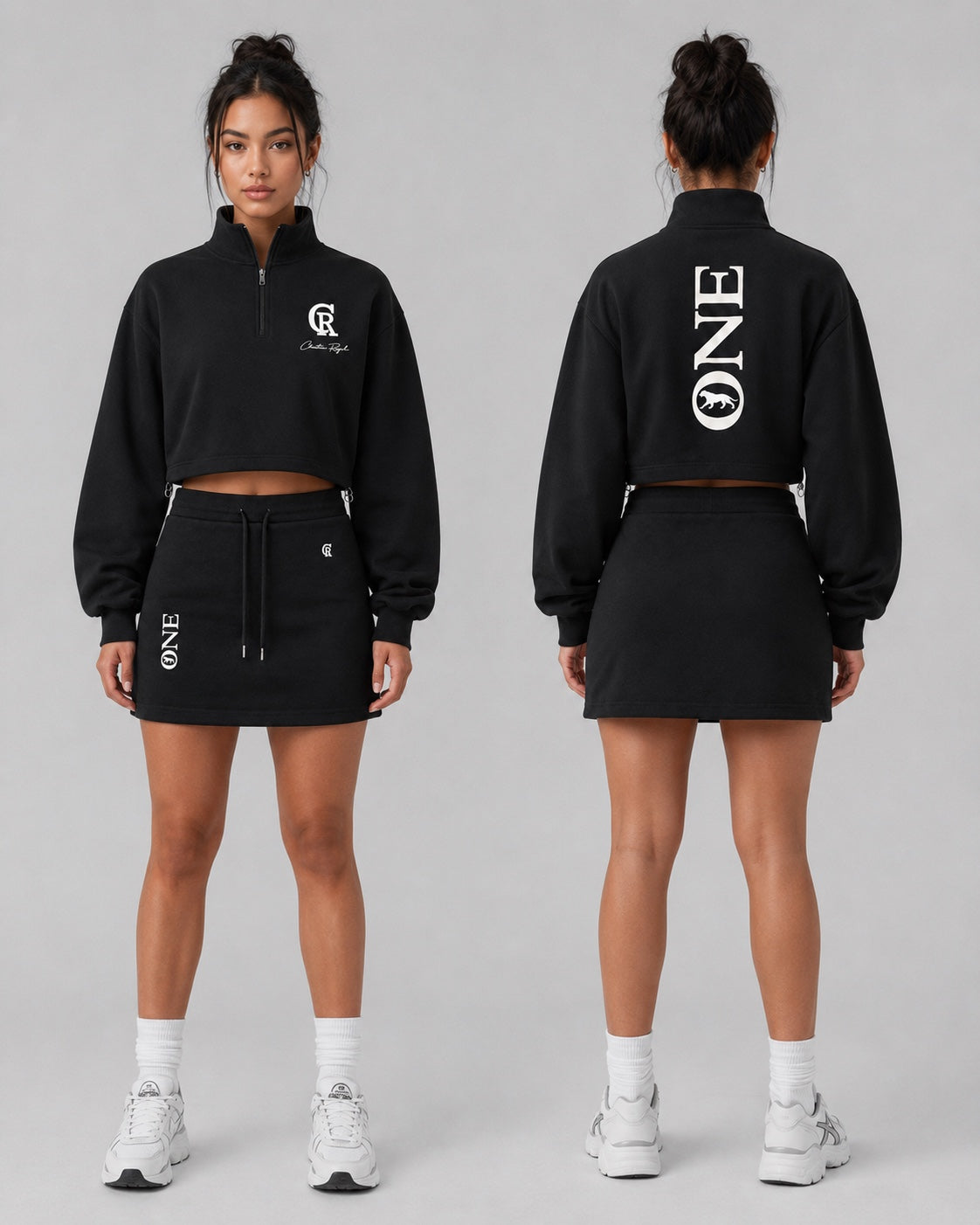 ONE Women's Signature Quarter-Zip worn by female model front and back views