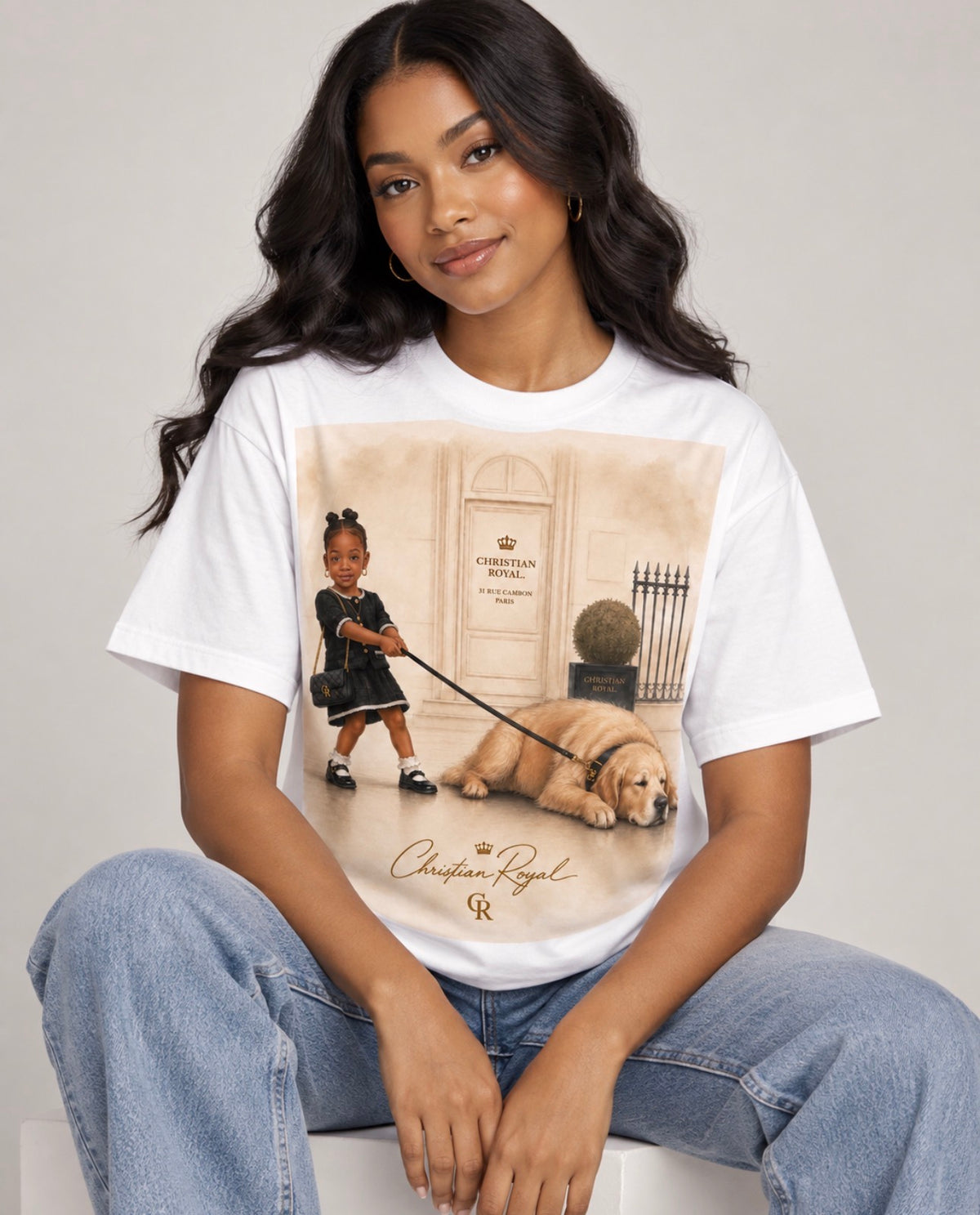 Royal Heir Tee seated model close-up